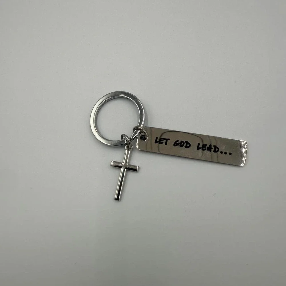 Let God Lead Christian Cross Keychain Silver Tone Religious Faith Accessory